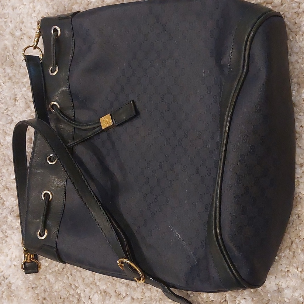 Authentic Vintage Navy Gucci Drawstring Bucket Handbag
